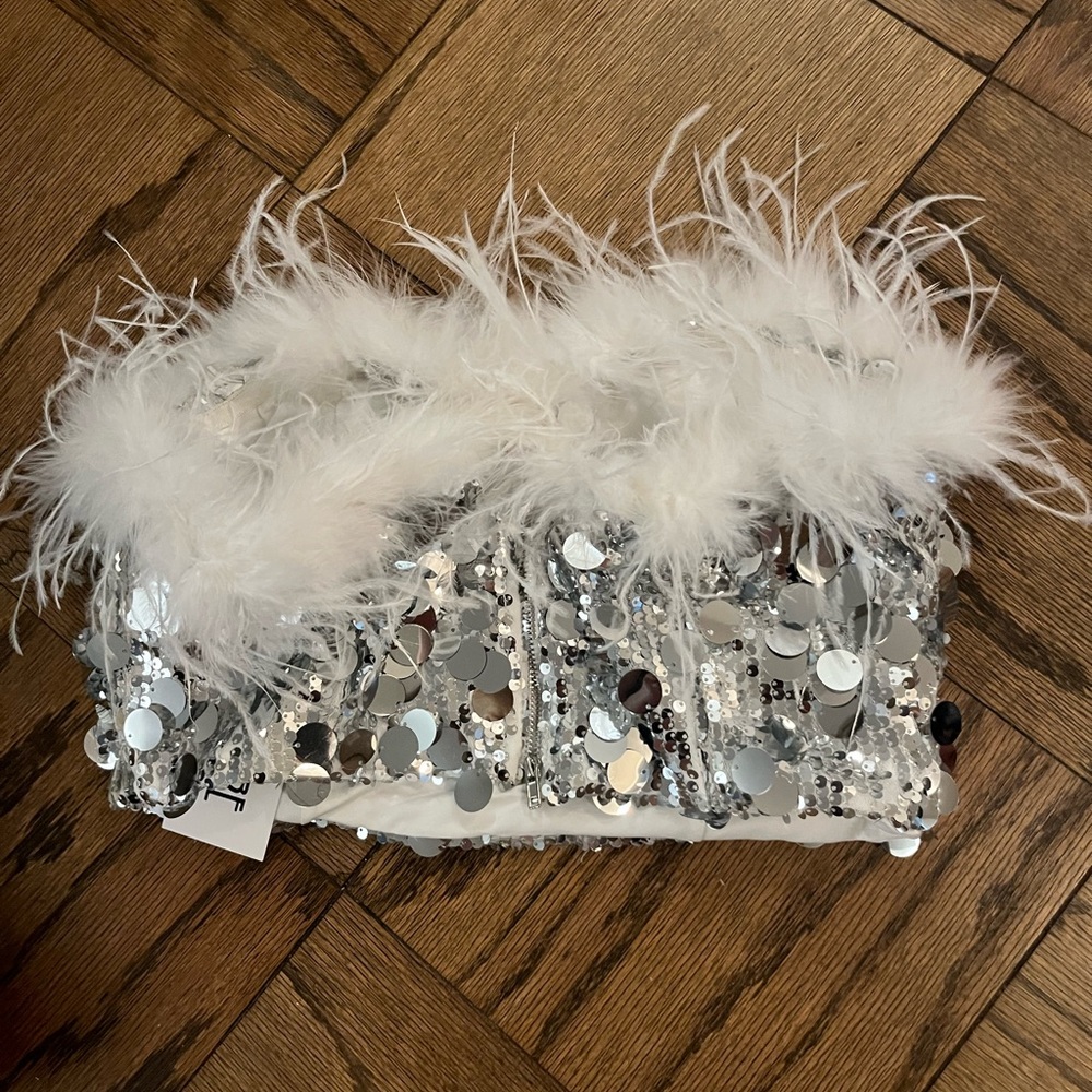 12th Tribe Sequin crop top with feathers NWT size L